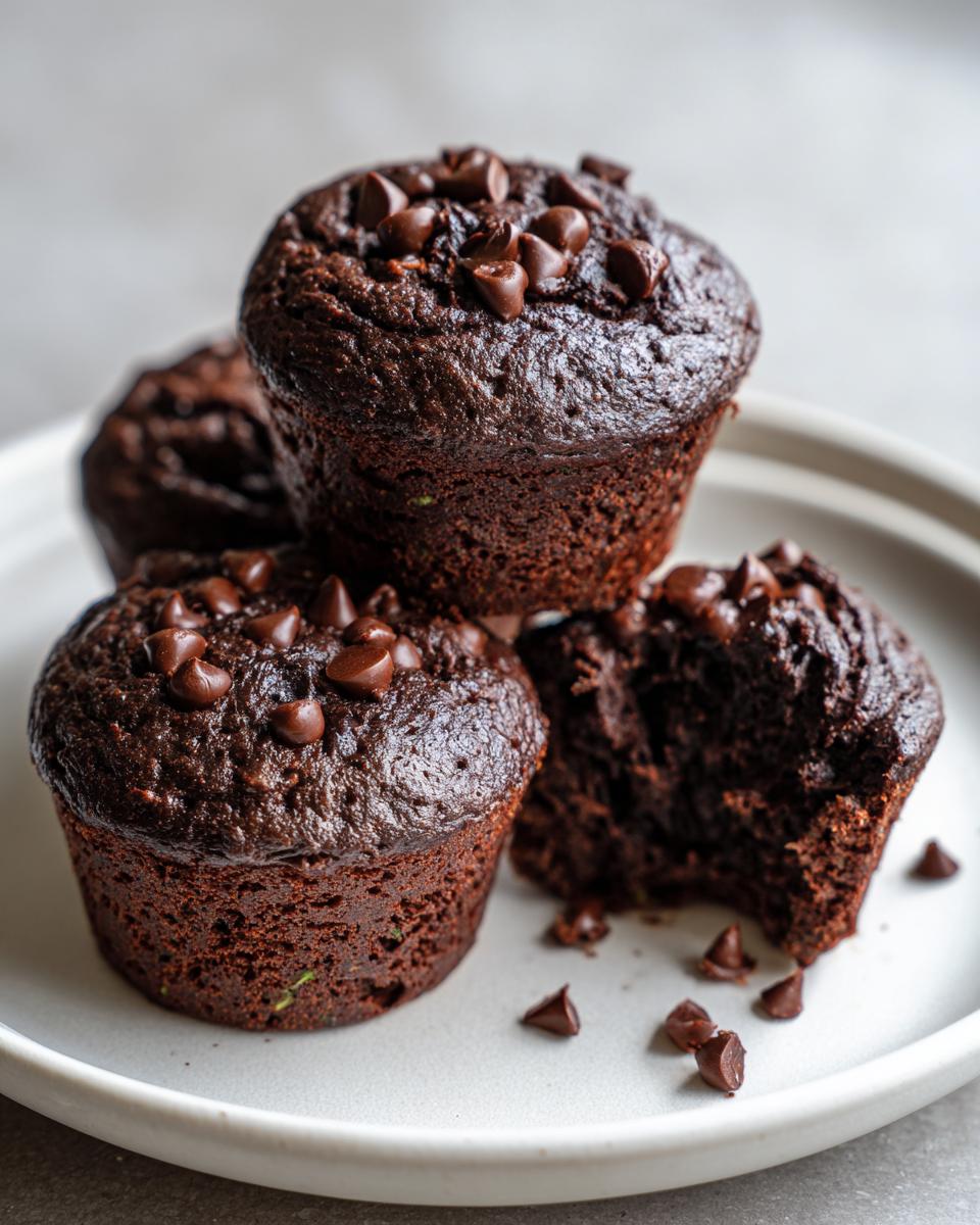 A stack of rich, dark chocolate zucchini muffins topped with chocolate chips, one muffin is broken open.