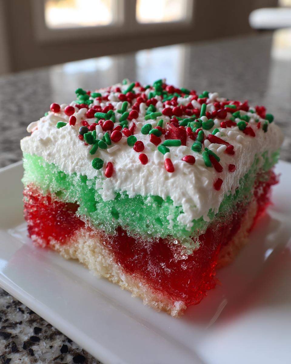 A festive slice of Christmas poke cake showing layers of white cake, red gelatin, green cake, whipped topping, and holiday sprinkles.