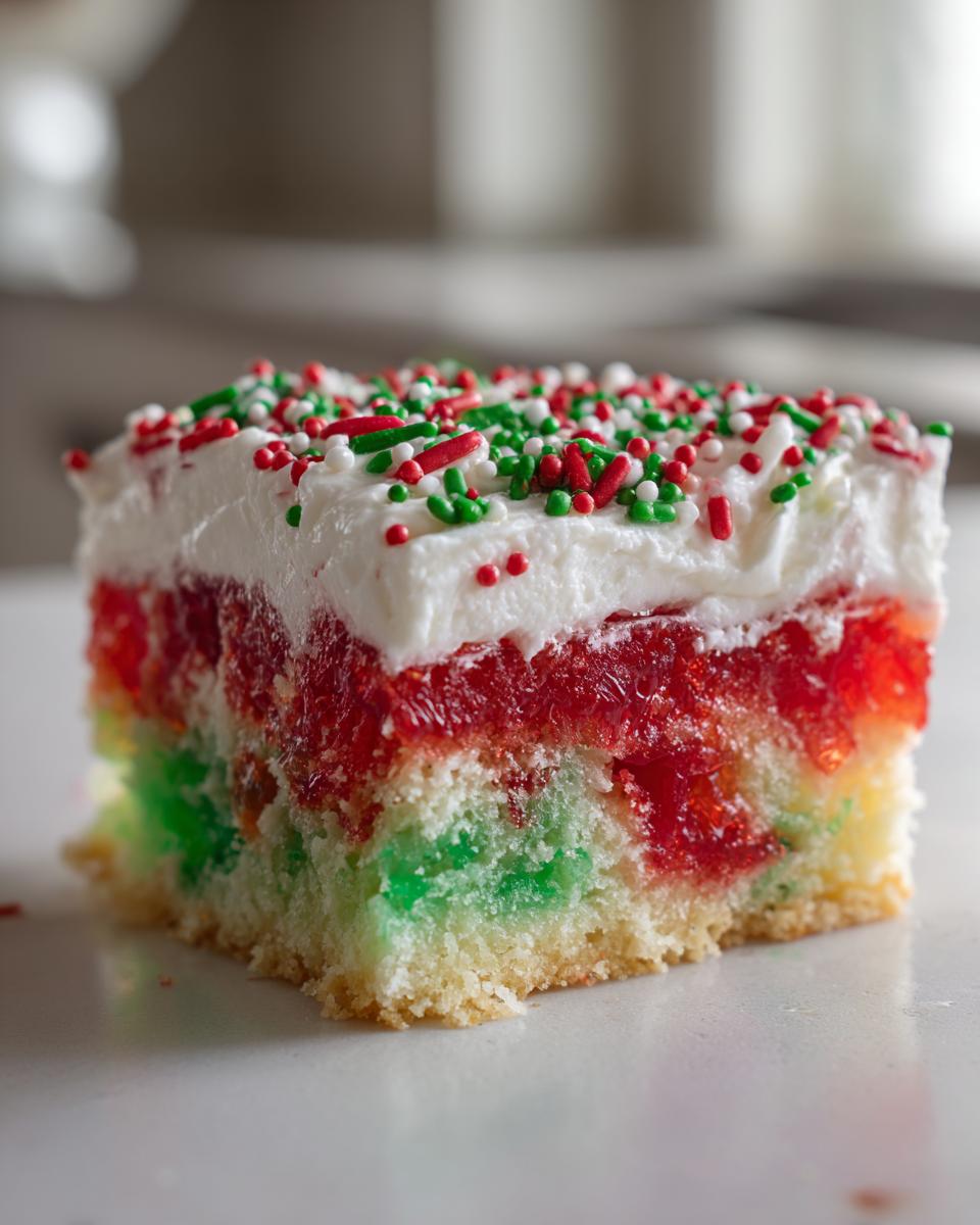 Close-up of a slice of christmas poke cake showing green and yellow cake base, red gelatin layer, and white frosting with red and green sprinkles.