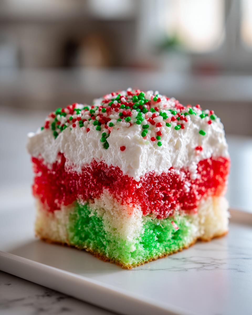 Close-up of a slice of christmas poke cake showing red and green layers, white topping, and holiday sprinkles.