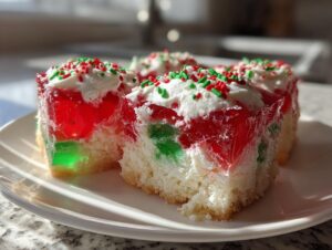 Four squares of a vibrant Christmas poke cake featuring layers of white cake, red and green Jello, whipped topping, and sprinkles.