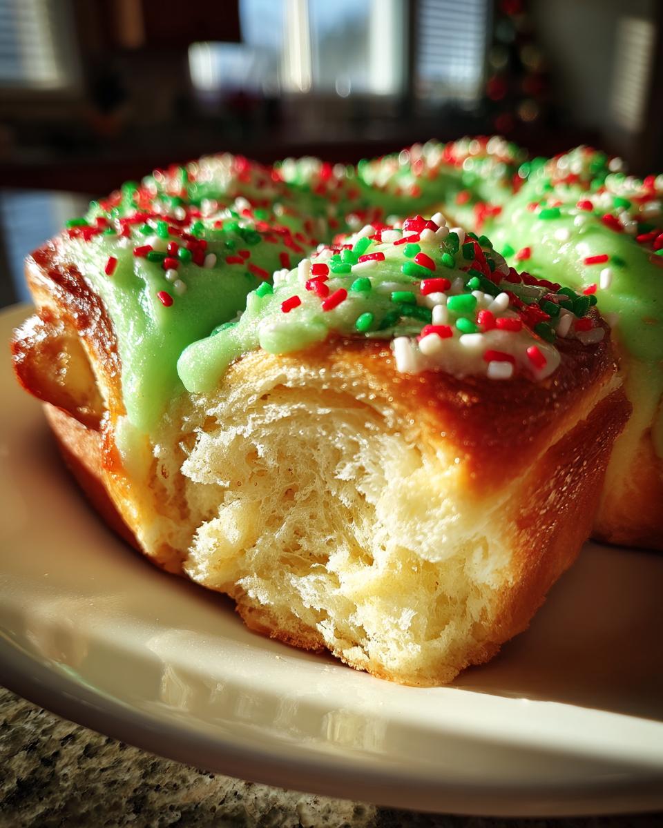 A close-up of a soft, fluffy christmas tree cinnamon rolls section, topped with bright green icing and red, green, and white sprinkles.