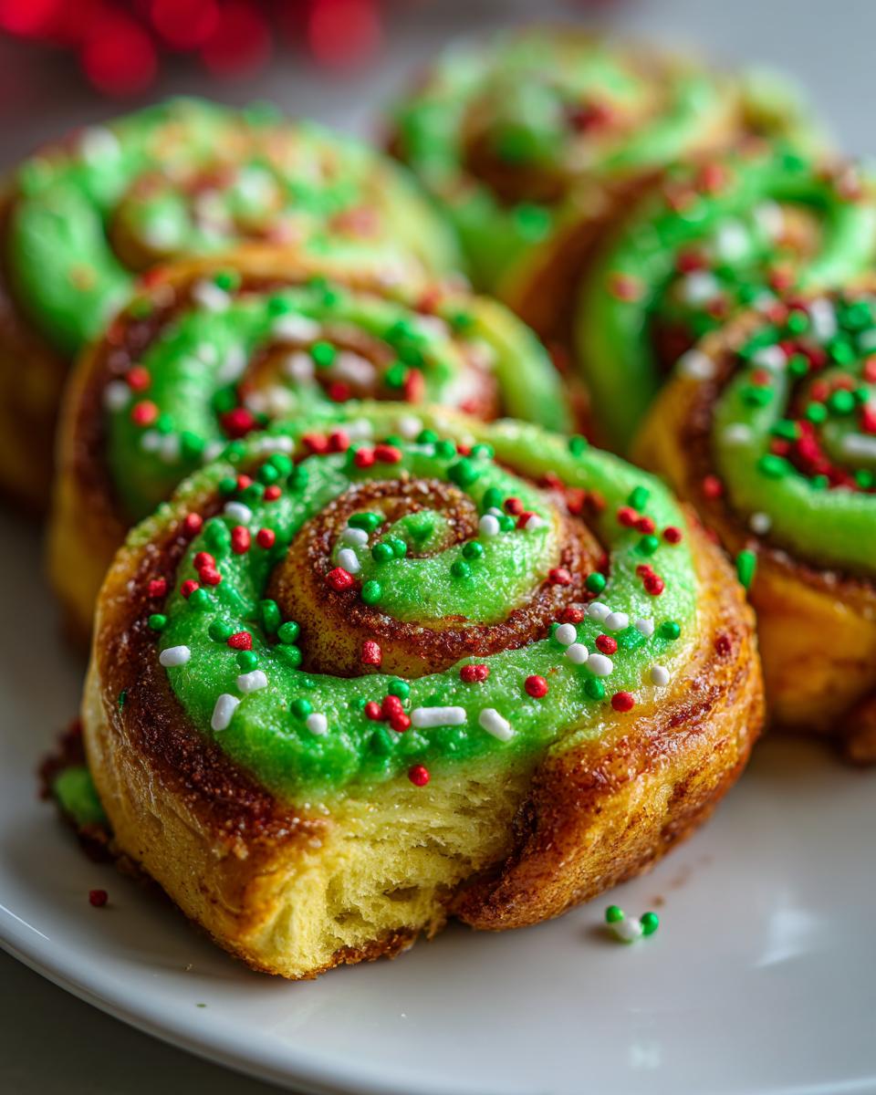 Close-up of soft, baked christmas tree cinnamon rolls topped with bright green icing and red, white, and green sprinkles.