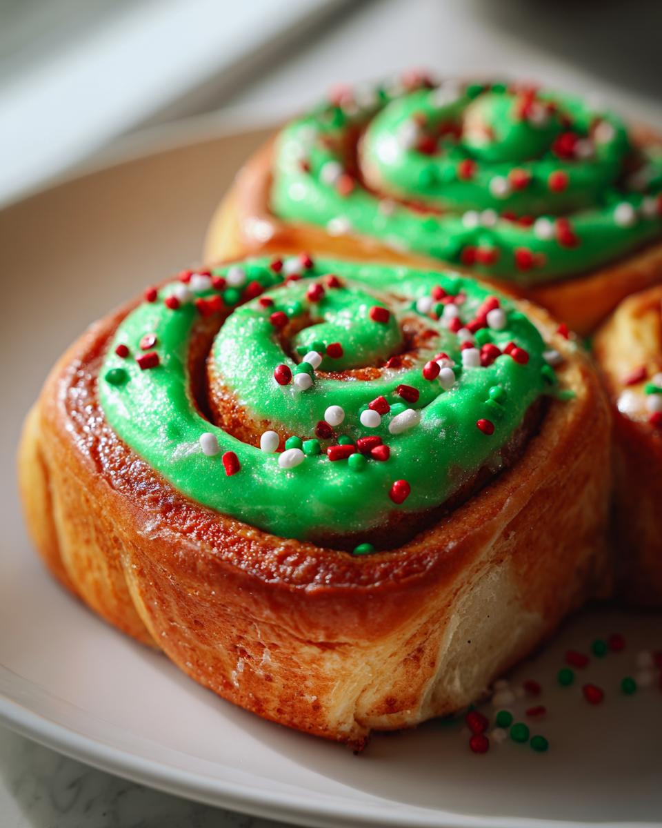 Close-up of freshly baked christmas tree cinnamon rolls topped with bright green icing and red, white, and green holiday sprinkles.