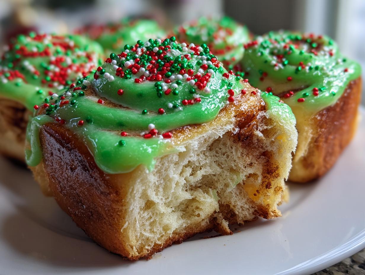 Close-up of a soft, fluffy christmas tree cinnamon roll with bright green icing and red, green, and white sprinkles.