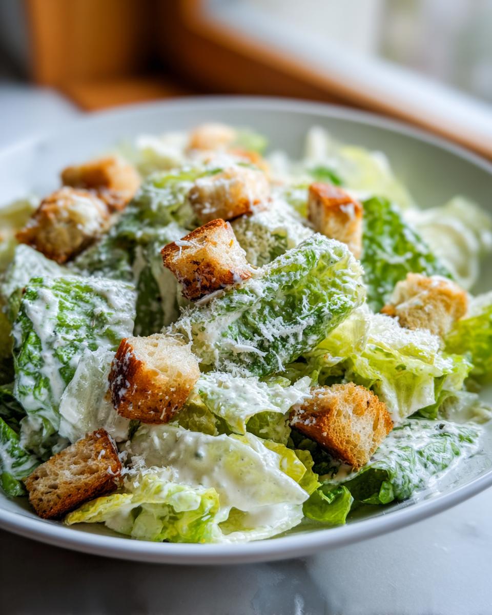 Close-up of a fresh caesar salad featuring crisp romaine lettuce, creamy dressing, crunchy croutons, and grated Parmesan cheese.