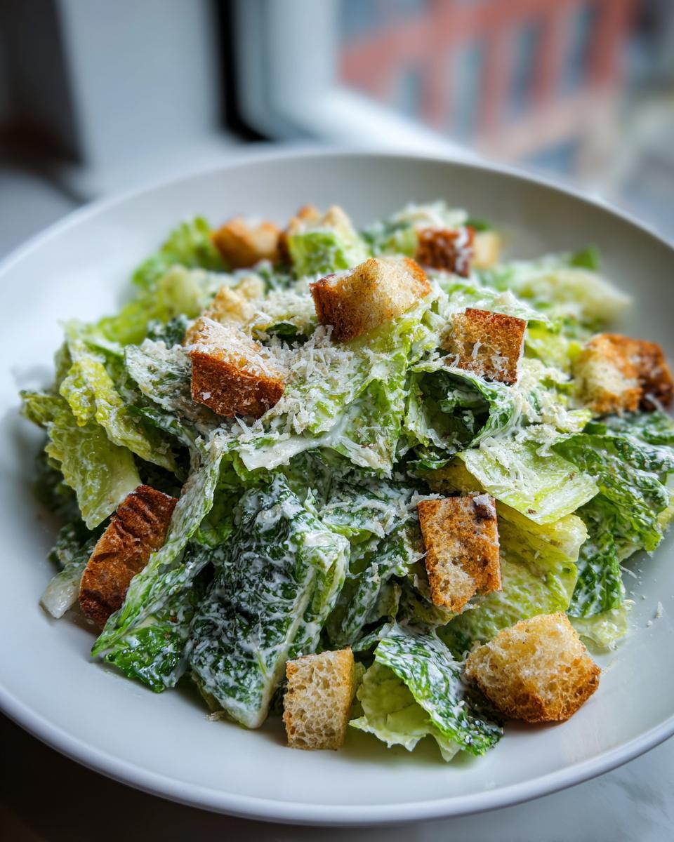 A close-up of a fresh caesar salad featuring crisp romaine lettuce tossed in creamy dressing, topped with golden croutons and grated parmesan.