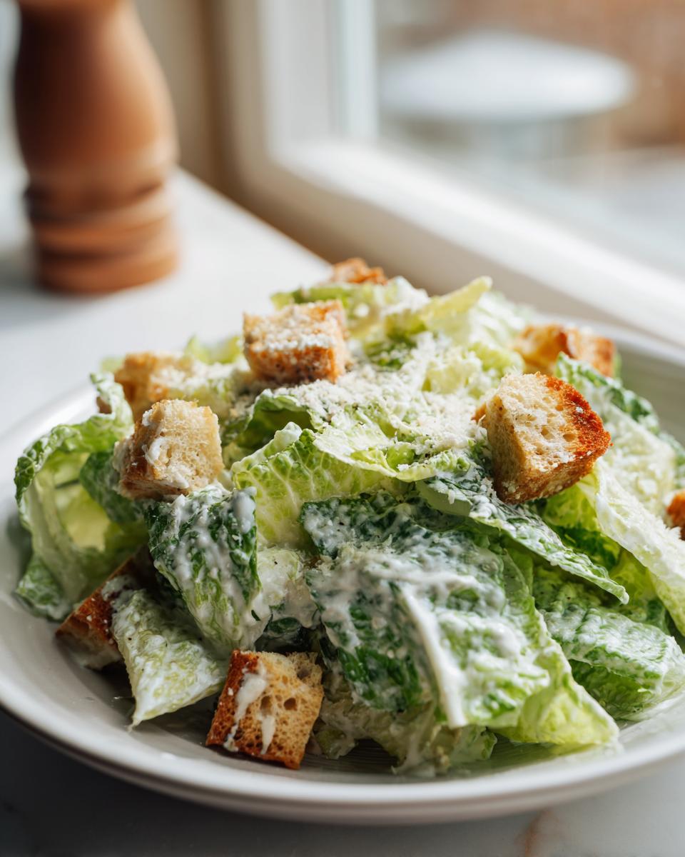 Close-up of a fresh caesar salad featuring crisp romaine lettuce, creamy dressing, large croutons, and grated cheese.