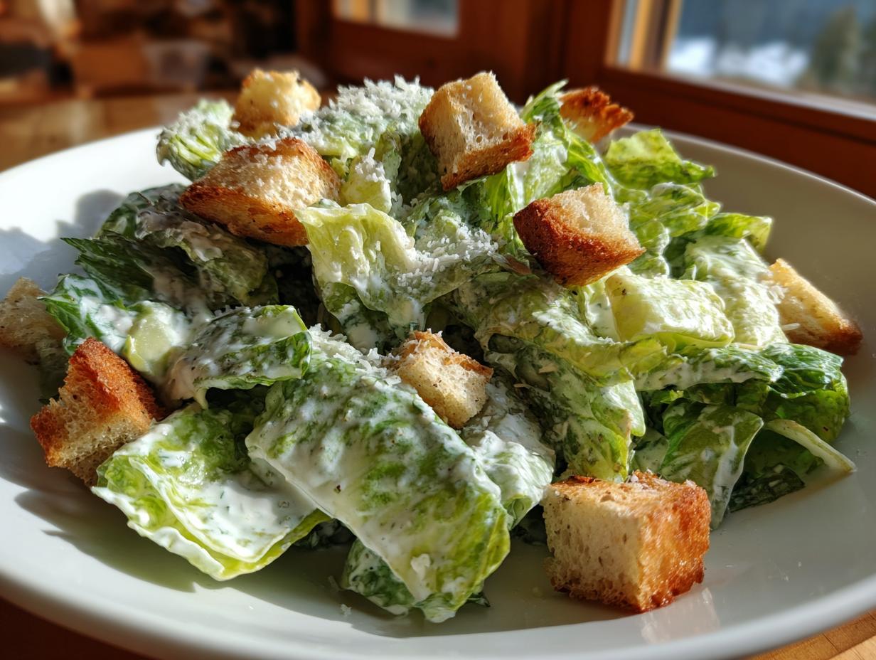 A fresh bowl of caesar salad featuring crisp romaine lettuce coated in creamy dressing, topped with golden croutons and grated Parmesan.