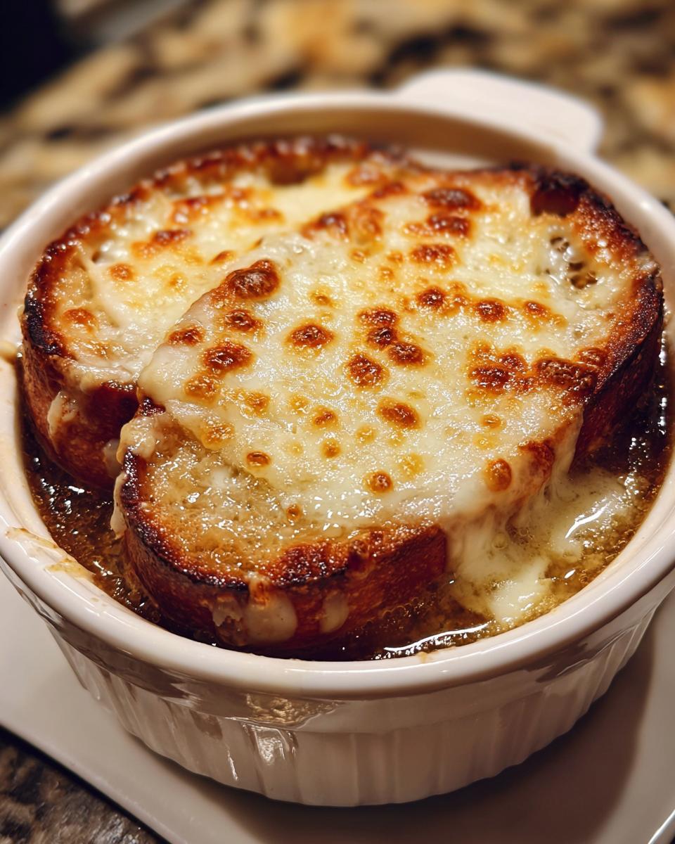 Close-up of a bowl of rich french onion soup topped with toasted bread and bubbly, browned Gruyère cheese.