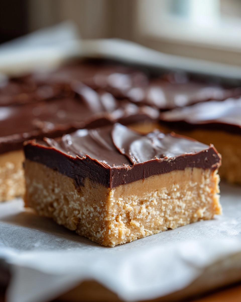 A close-up, cross-section view of one square of rich peanut butter bars with a thick chocolate topping.