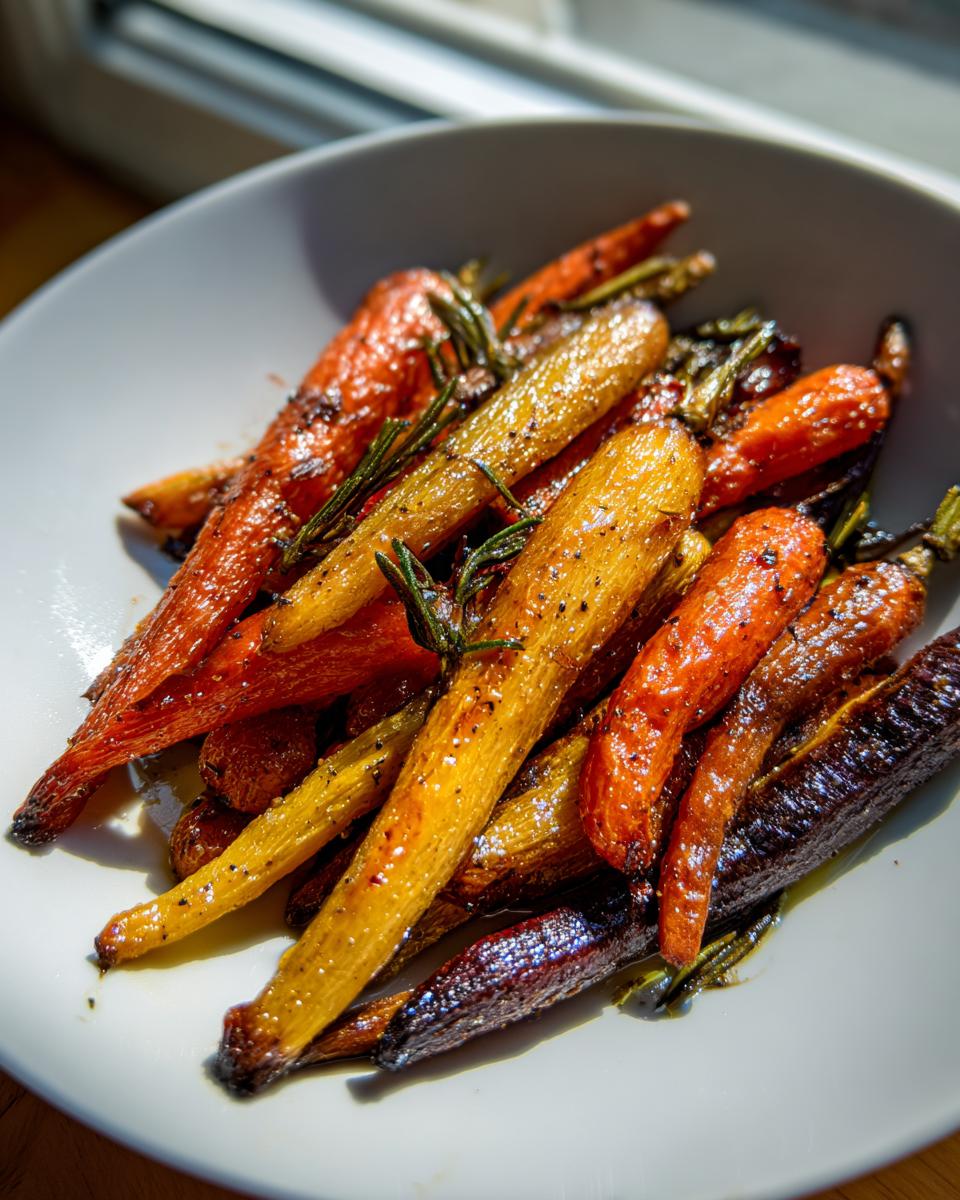 A bowl of colorful roasted vegetables, specifically honey-glazed carrots seasoned with rosemary.