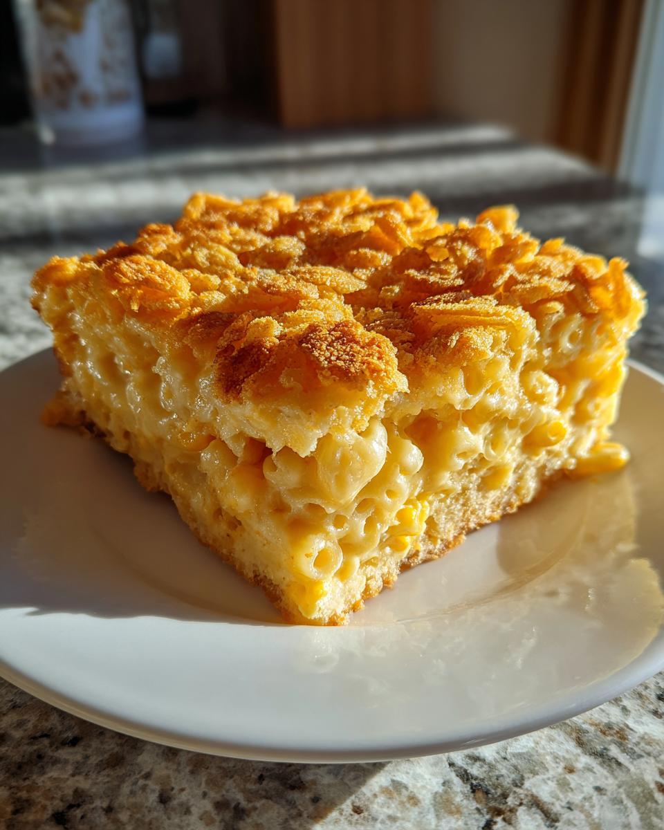 A square slice of rich, creamy cream cheese corn casserole topped with a golden, crunchy topping, served on a white plate.