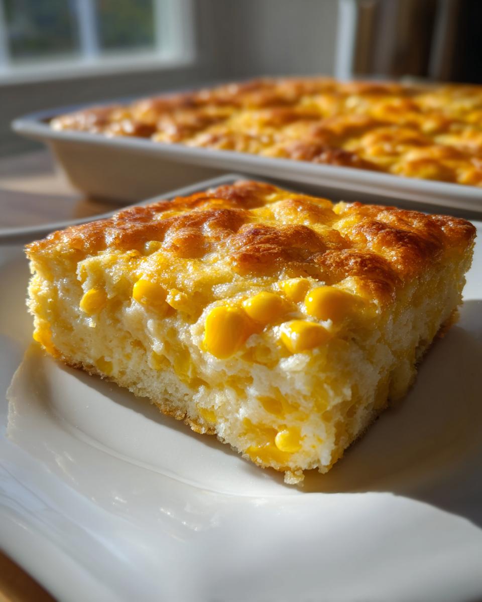 A close-up slice of moist cream cheese corn casserole with whole corn kernels and a golden-brown crust.