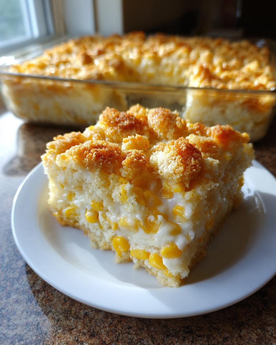A square serving of creamy cream cheese corn casserole topped with golden brown crumbs, served on a white plate.