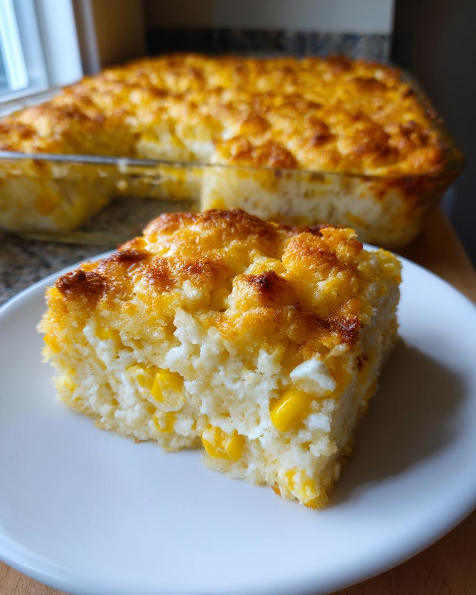 A square serving of moist cream cheese corn casserole with visible corn kernels on a white plate, with the rest of the dish in the background.