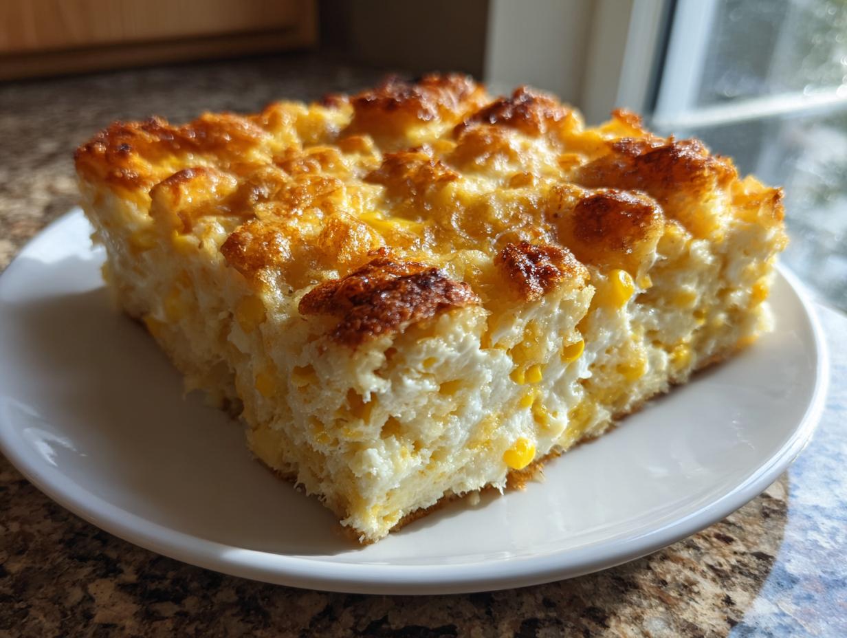 A square slice of baked cream cheese corn casserole with a golden brown top, served on a white plate.