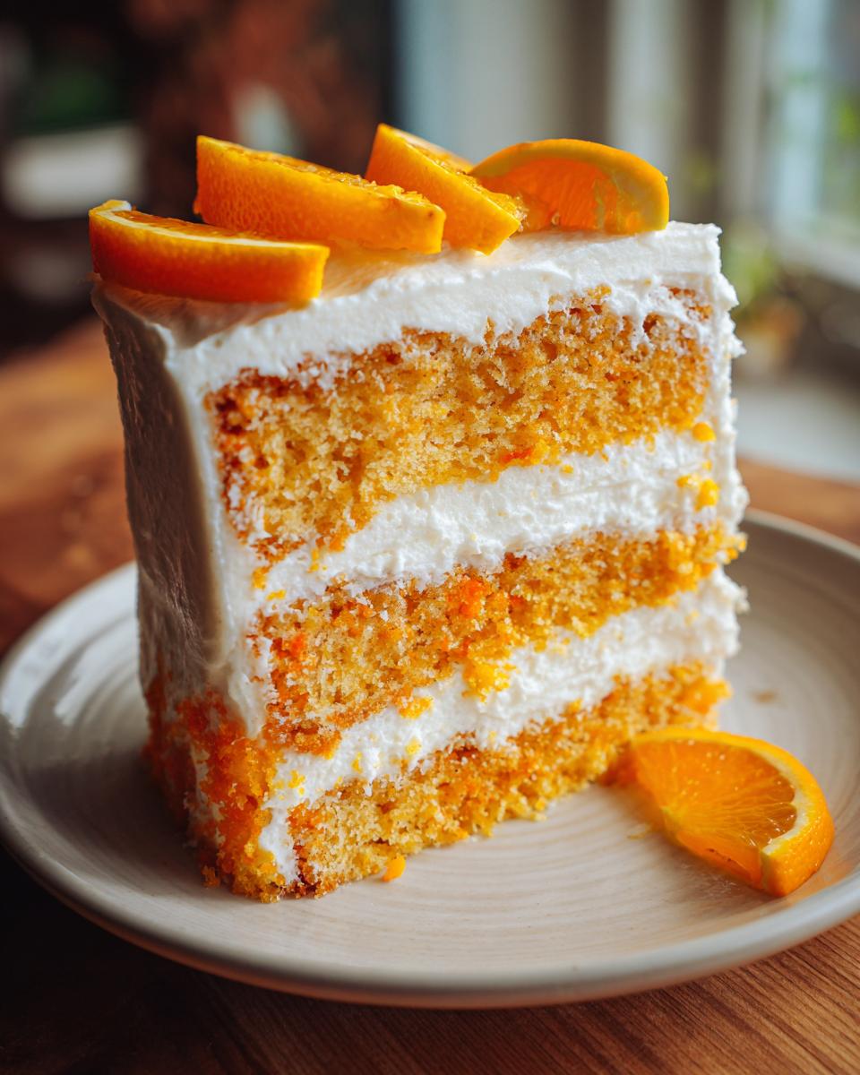 A tall slice of moist Creamsicle Cake with three orange layers and white frosting, topped with orange wedges.