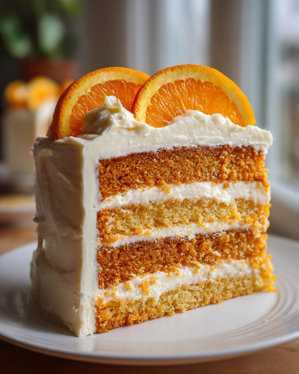 A tall slice of Creamsicle Cake showing three layers of orange and yellow cake separated by white frosting, topped with orange slices.