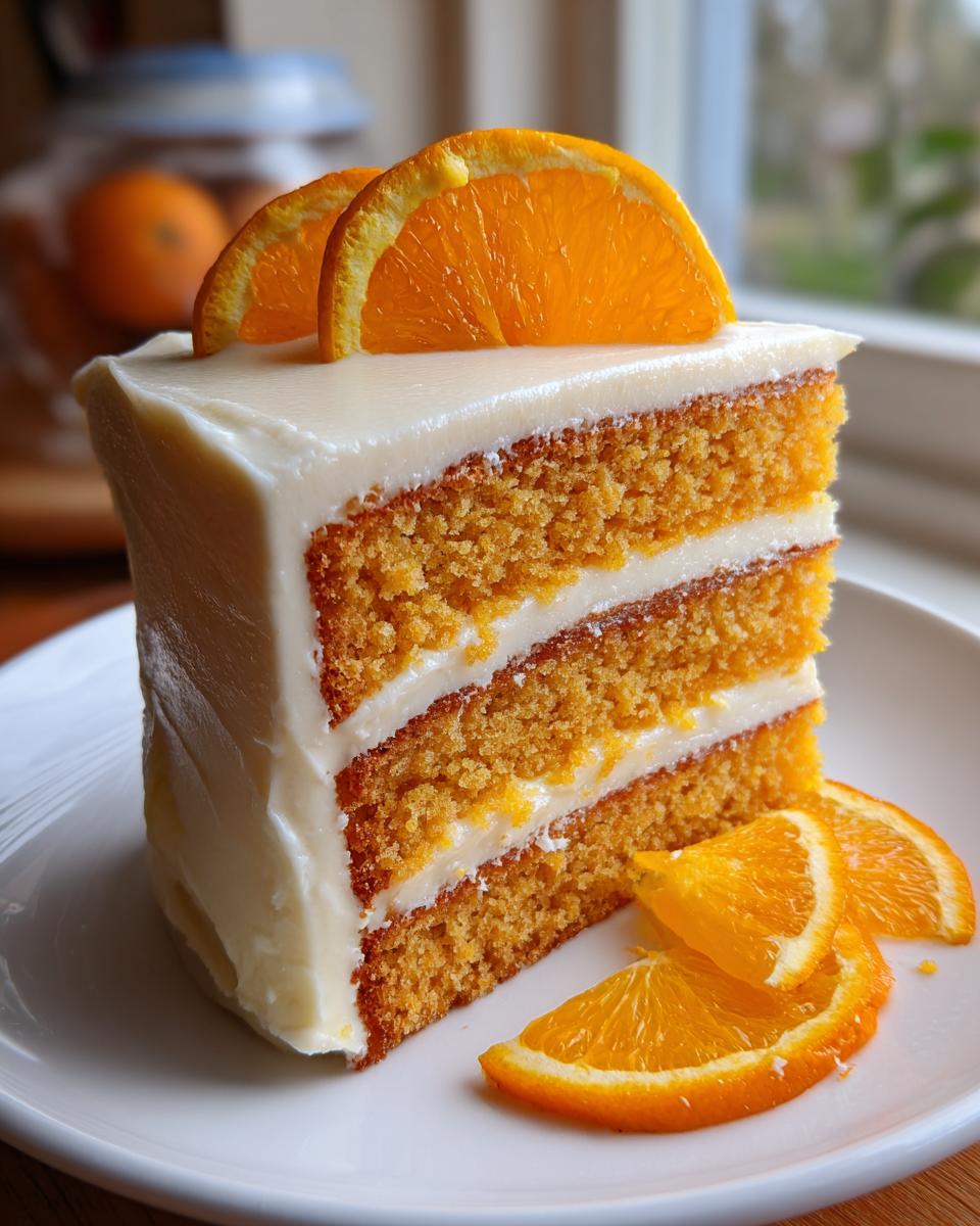 A tall slice of three-layer Creamsicle Cake with white frosting, garnished with fresh orange slices.