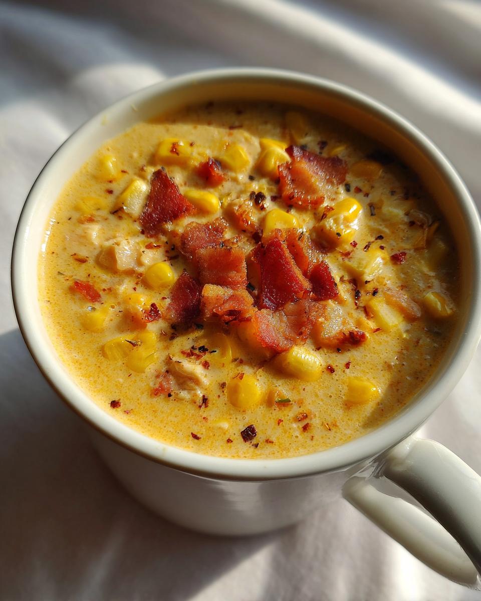 A close-up of a white mug filled with creamy corn chowder recipe, topped generously with crispy bacon pieces.