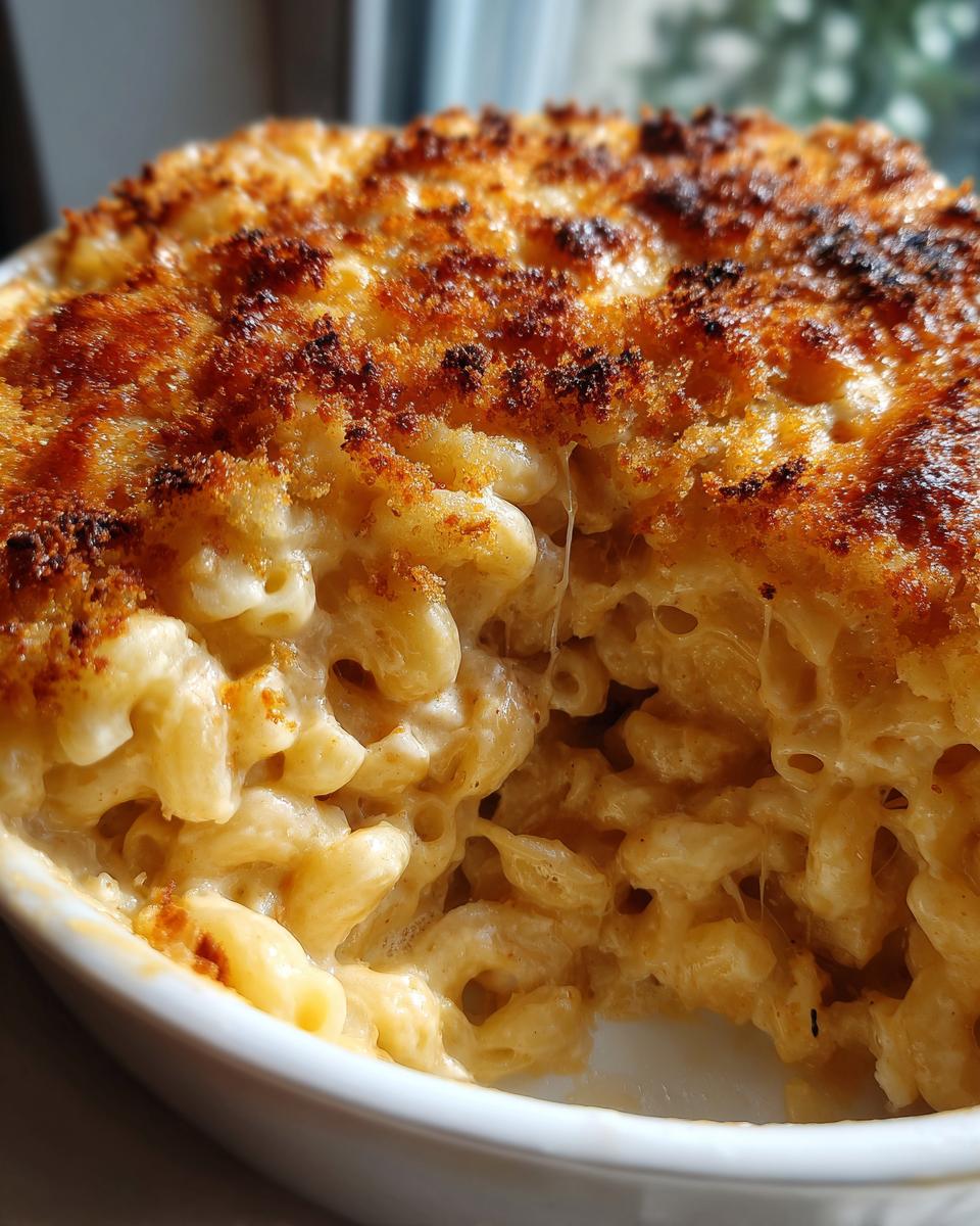 Close-up of creamy baked mac and cheese recipe with a deeply browned, crispy breadcrumb topping.