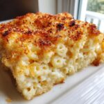 A close-up of a creamy, cheesy slice of baked mac and cheese recipe with a crispy, golden breadcrumb topping.