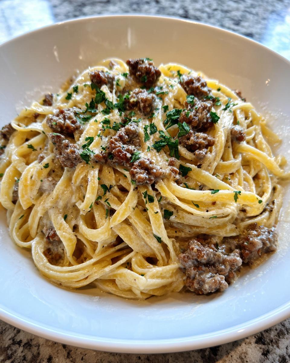 Close-up of a white bowl filled with creamy beef pasta, featuring fettuccine noodles, ground beef crumbles, and fresh parsley.
