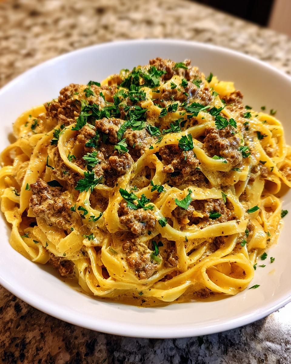 A close-up of rich, creamy beef pasta made with fettuccine noodles, topped with ground beef and fresh parsley.