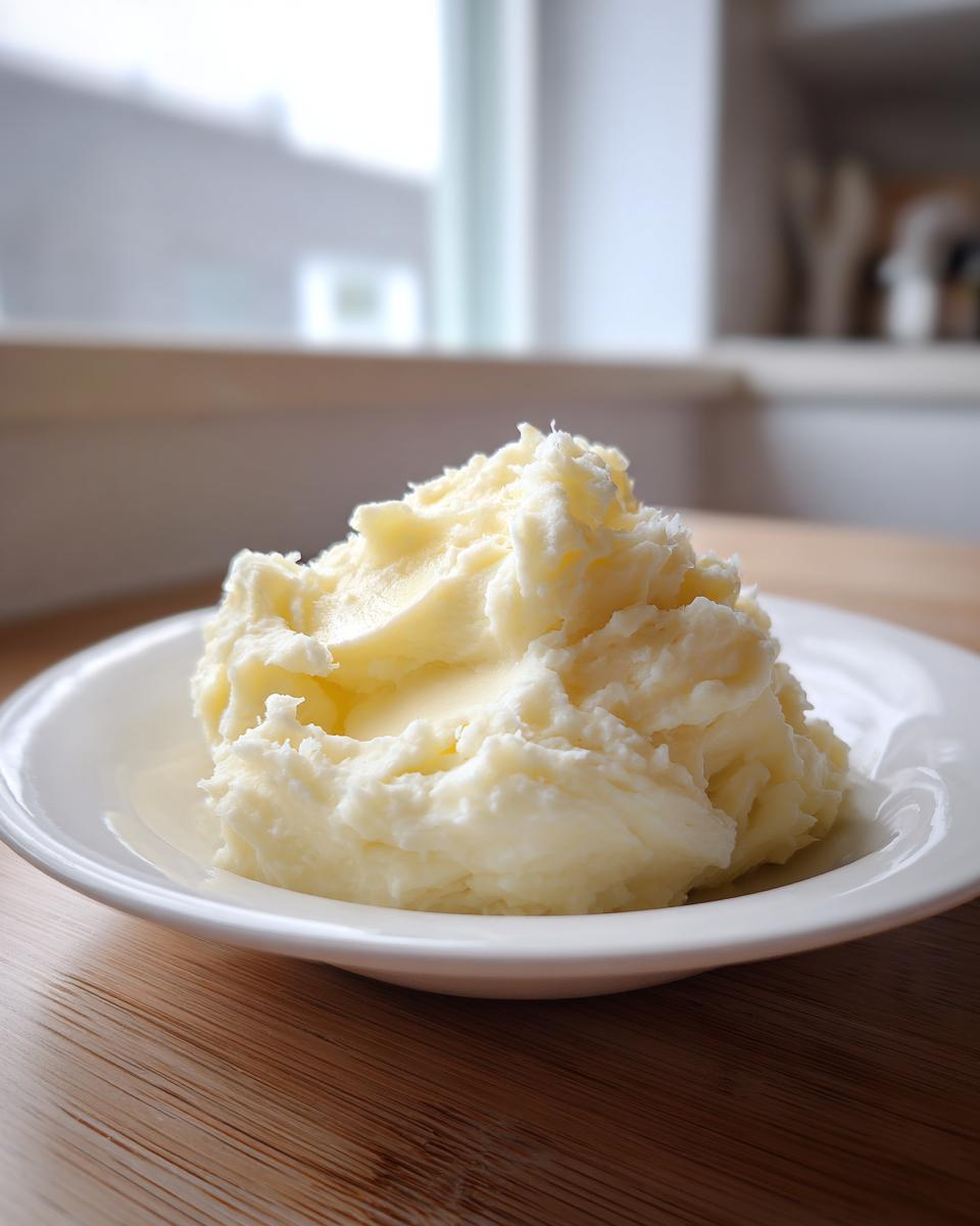 A mound of creamy Boursin mashed potatoes served in a white bowl on a wooden surface.