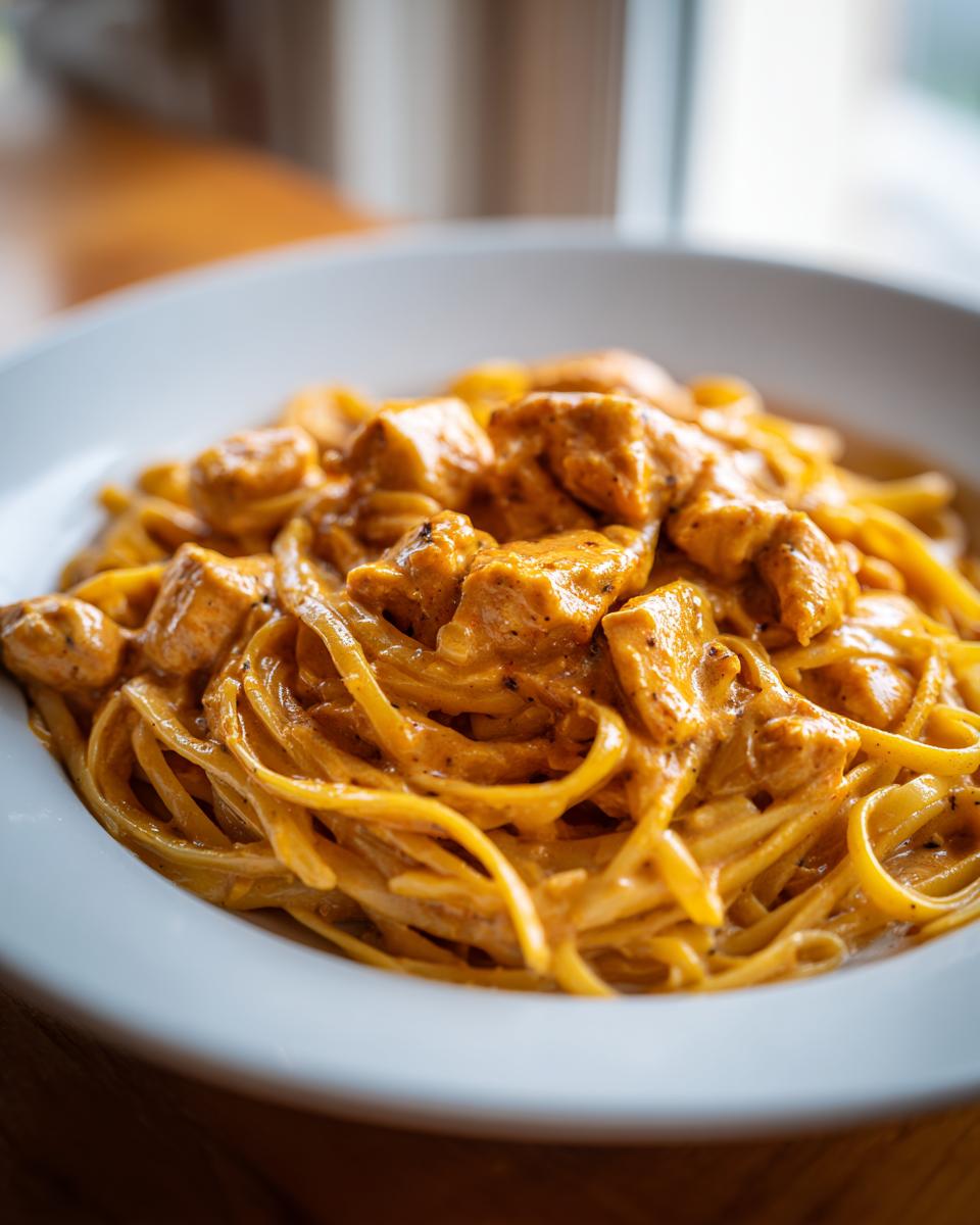 Close-up of creamy Cajun chicken pasta featuring linguine noodles coated in an orange sauce with chunks of seasoned chicken.