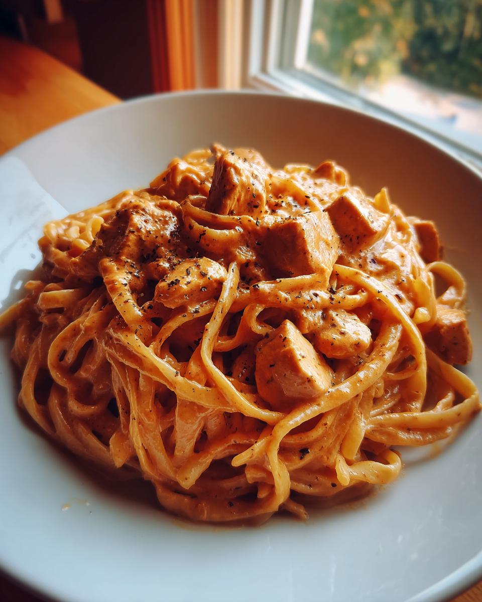 A close-up of creamy Cajun chicken pasta featuring fettuccine noodles and diced chicken, seasoned with black pepper.