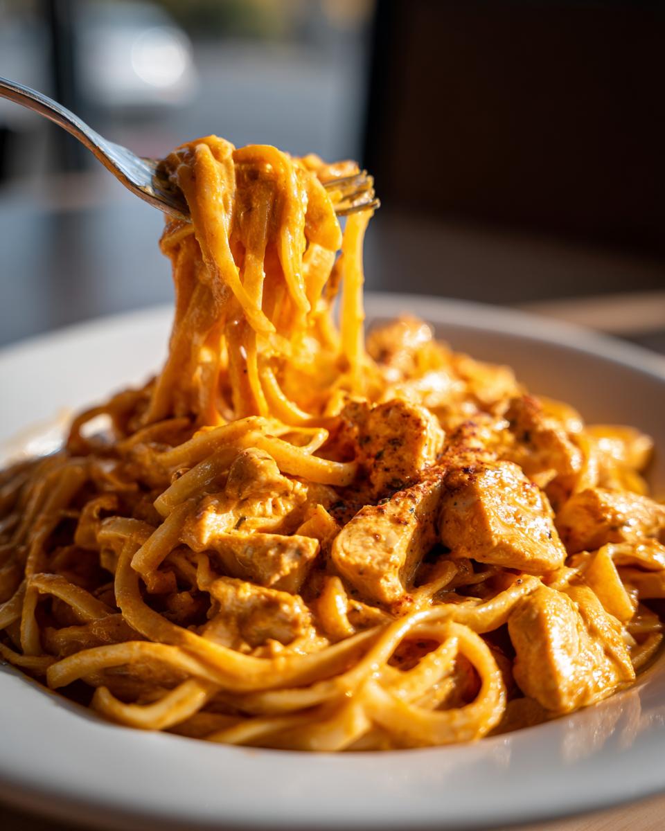 A fork lifts creamy noodles and chunks of seasoned chicken from a bowl of Cajun chicken pasta.