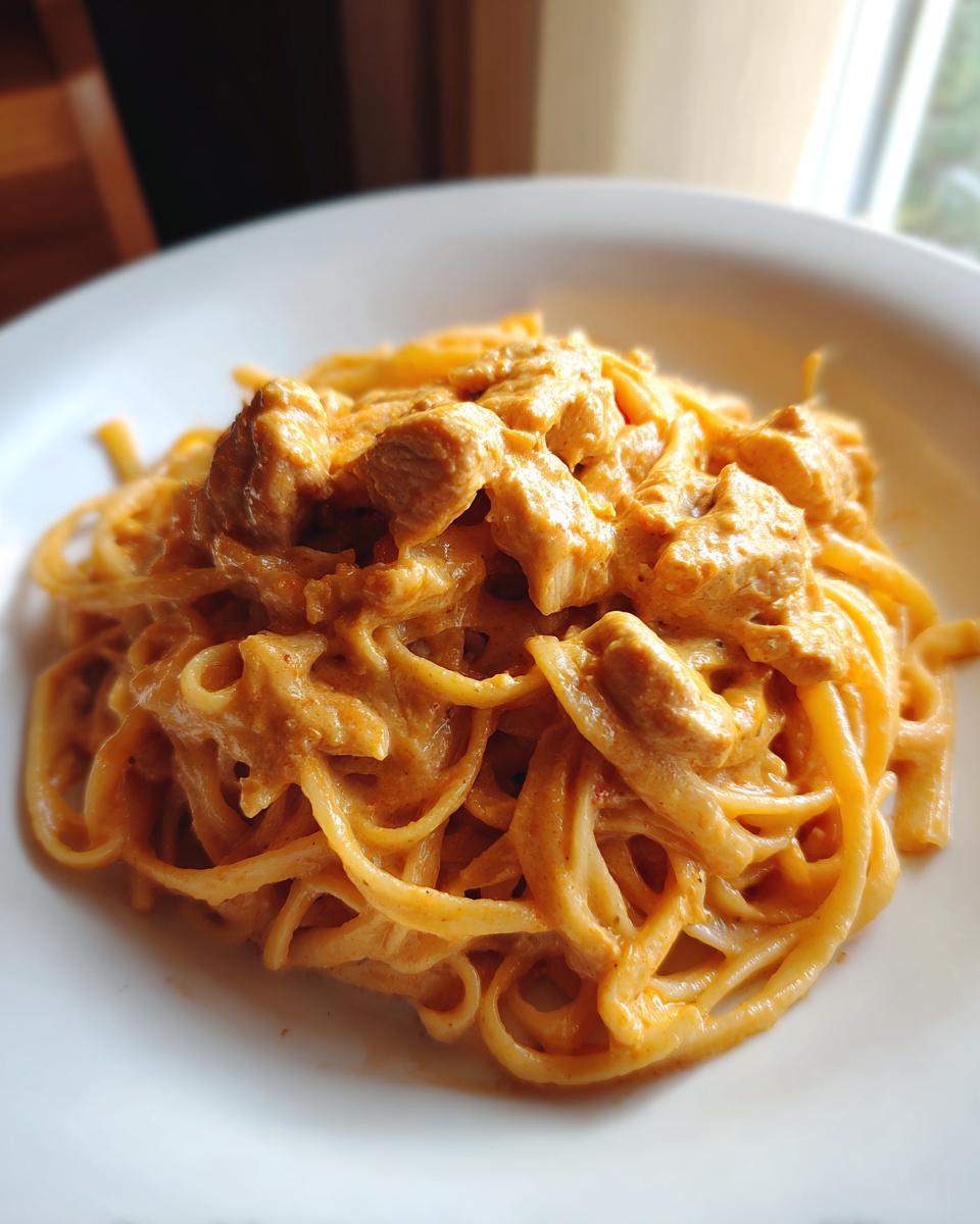 Close-up of a serving of creamy cajun chicken pasta with linguine noodles and chunks of seasoned chicken.