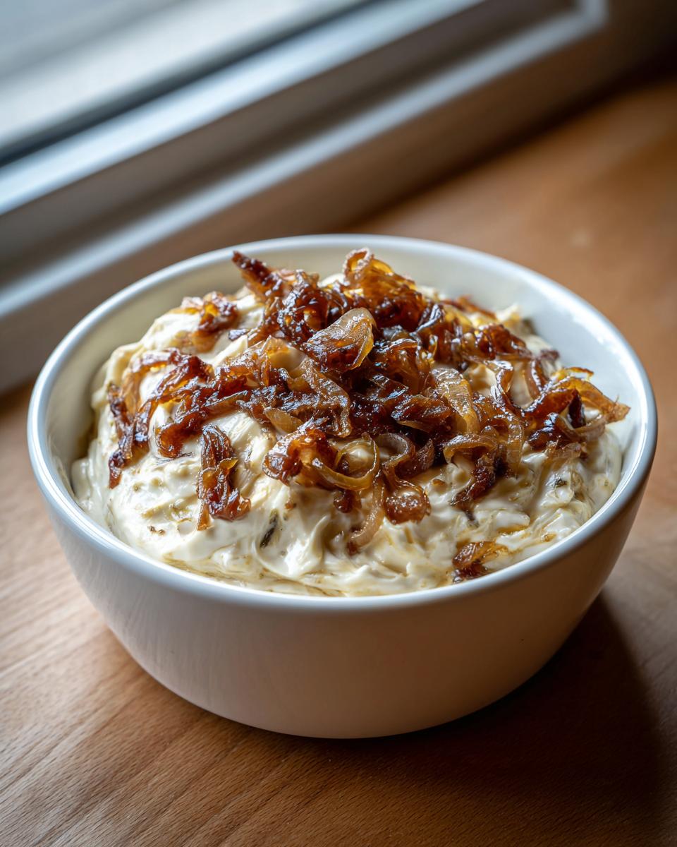 A white bowl filled with creamy caramelized onion dip, generously topped with dark, rich caramelized onions.
