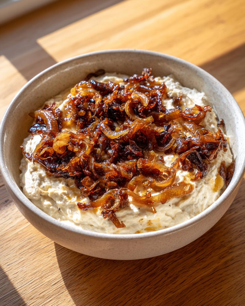 A bowl of creamy caramelized onion dip generously topped with rich, dark caramelized onions.
