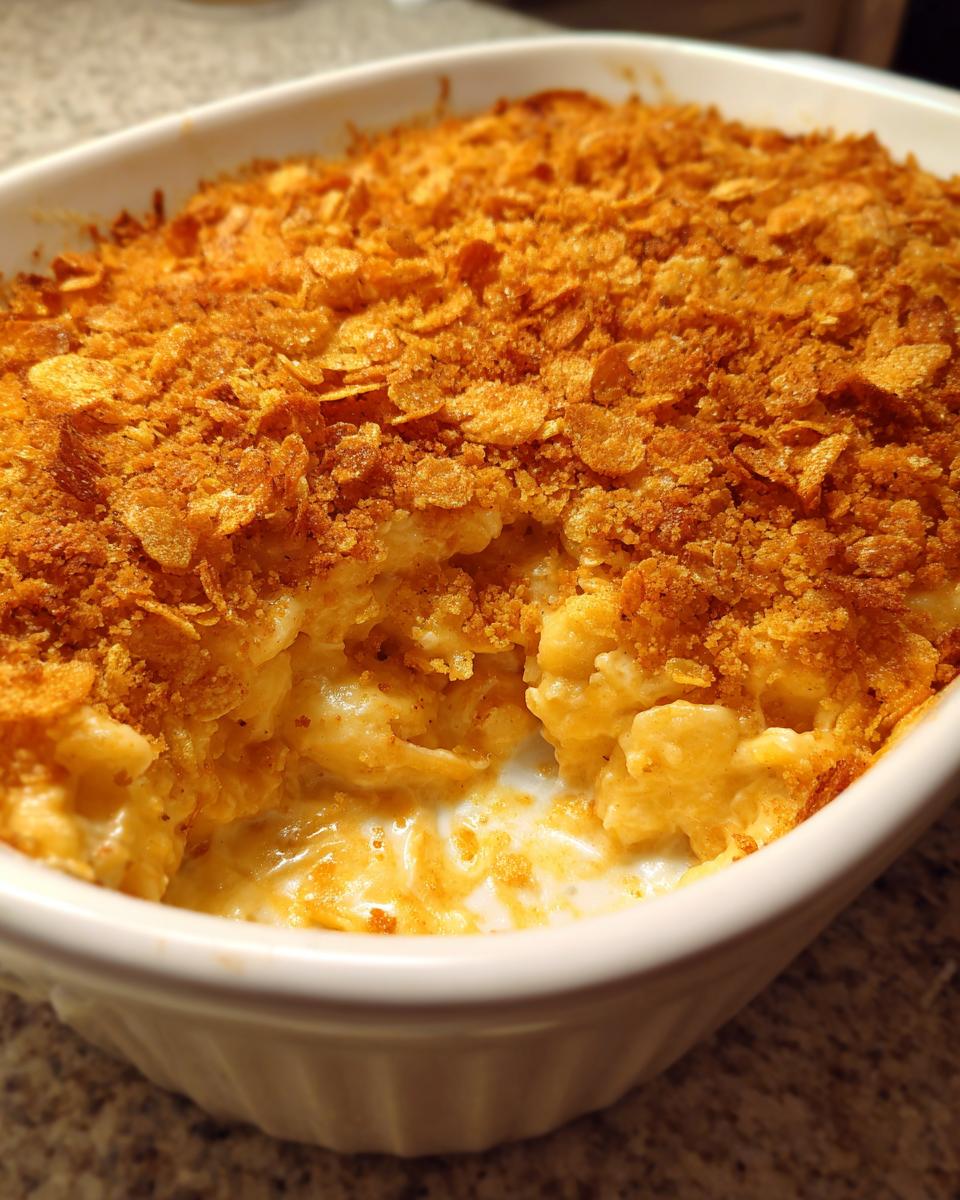 Close-up of a creamy cheesy potato bake in a white dish, featuring a golden, crunchy cornflake topping.
