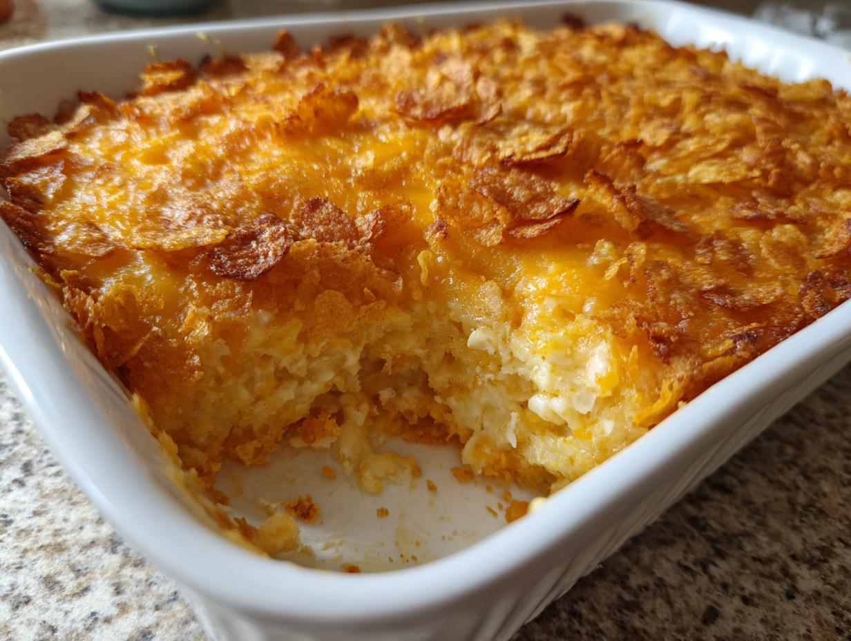 A close-up of a creamy cheesy potato bake in a white dish with a golden, crispy cornflake topping.