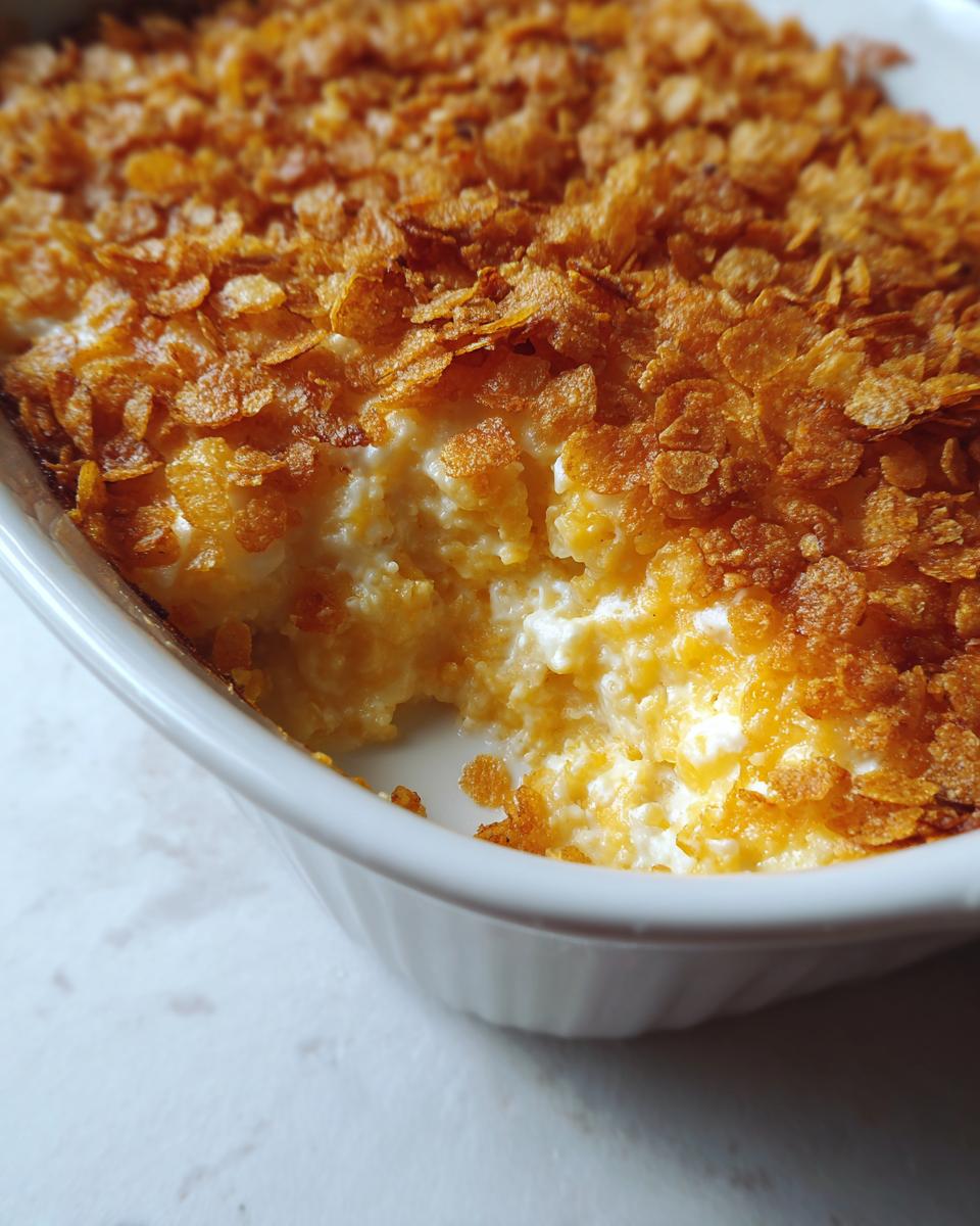 Close-up of a creamy cheesy potato bake in a white dish, featuring a golden, crunchy cornflake topping.