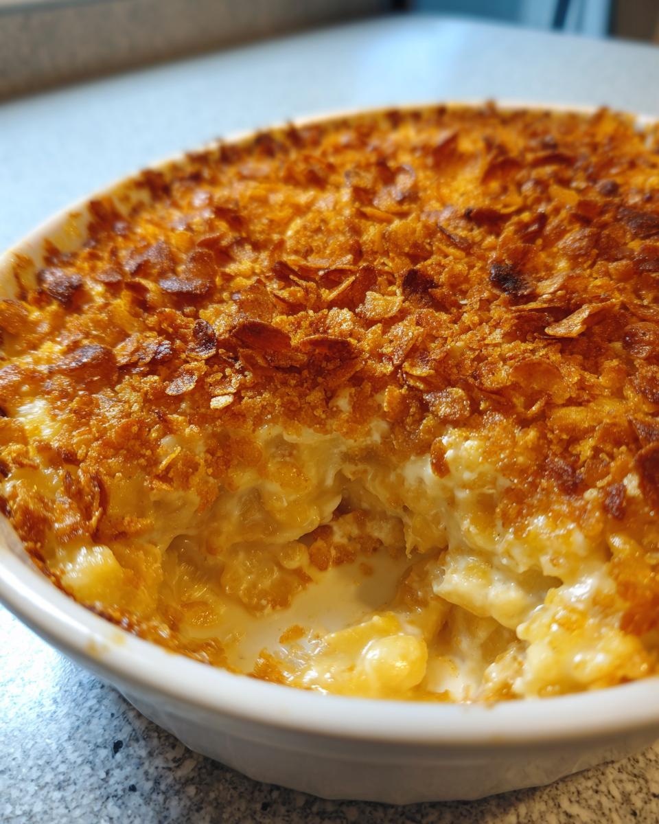 Close-up of a creamy cheesy potato bake in a white dish with a golden, crunchy topping.