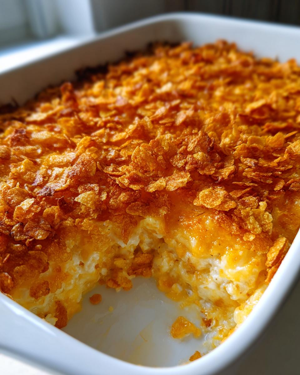 Close-up of a creamy cheesy potato bake in a white dish, showing a scoop removed and a golden, crunchy cornflake topping.
