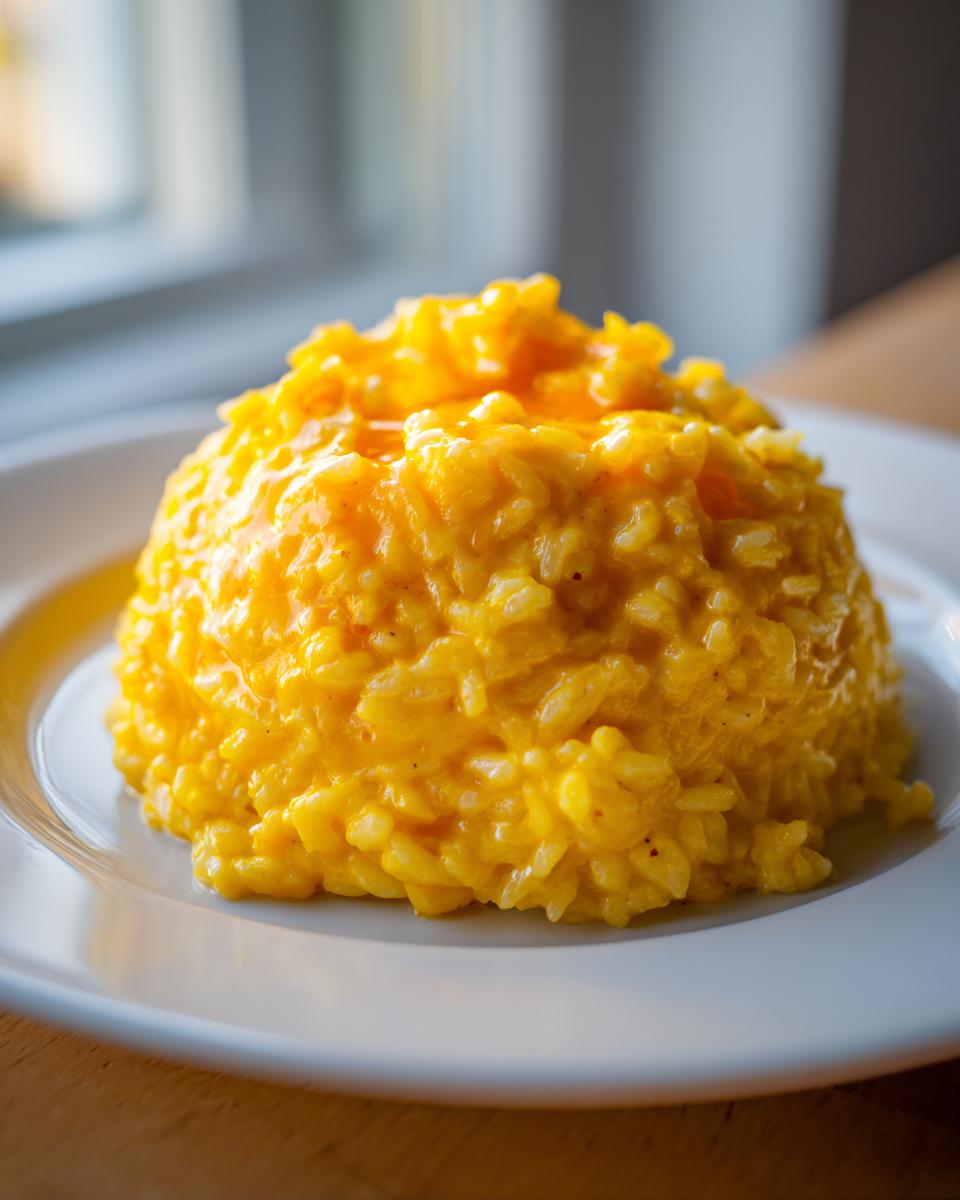 A close-up of a perfectly molded mound of bright yellow, creamy cheesy rice served on a white plate.