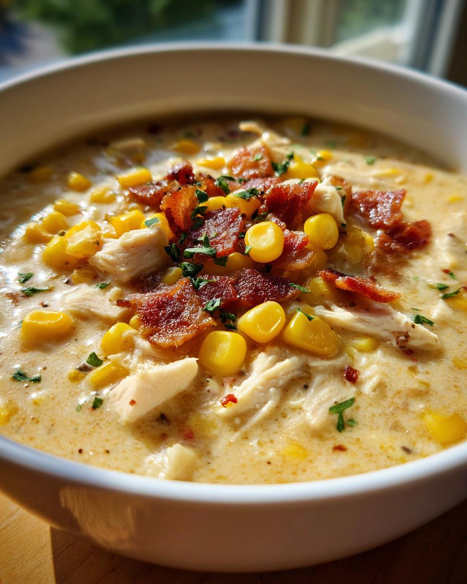 A close-up view of a hearty bowl of creamy corn chowder recipe topped with shredded chicken, bright yellow corn kernels, and crispy bacon.
