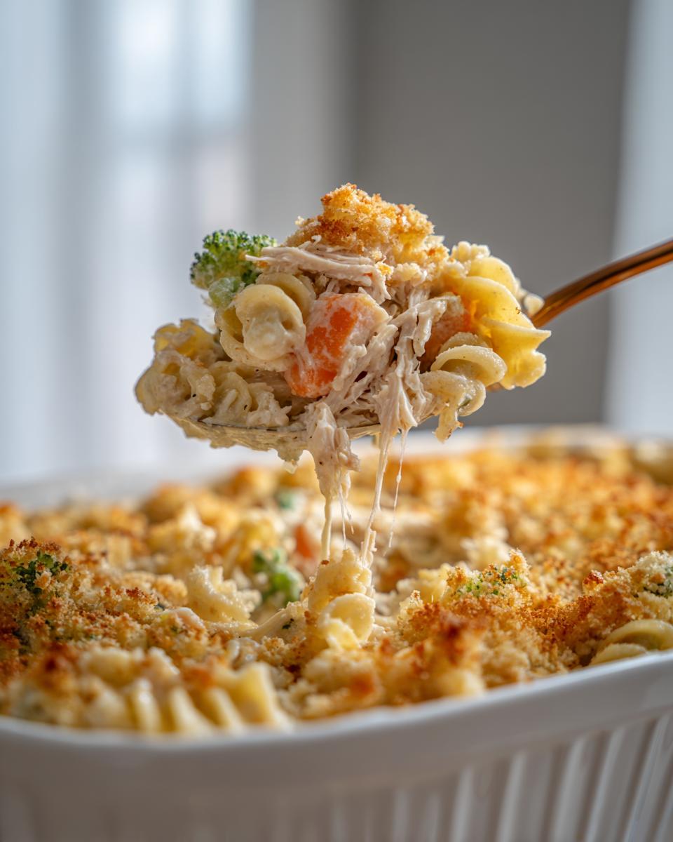 A spoonful of creamy chicken noodle casserole with shredded chicken, broccoli, and carrots, showing cheese pull over the baked dish.