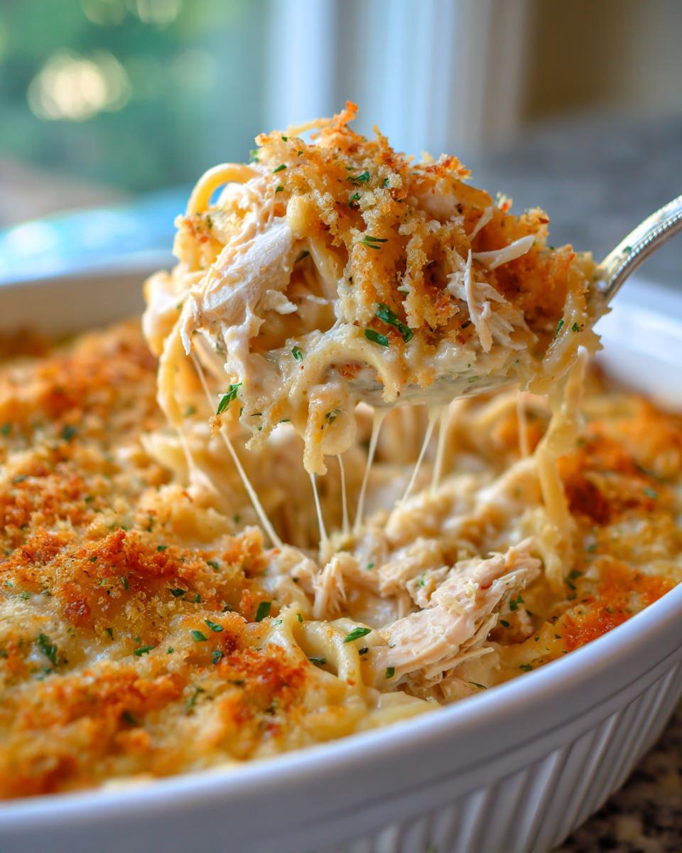 A spoonful of creamy chicken noodle casserole showing shredded chicken, noodles, and cheese pull, topped with breadcrumbs.