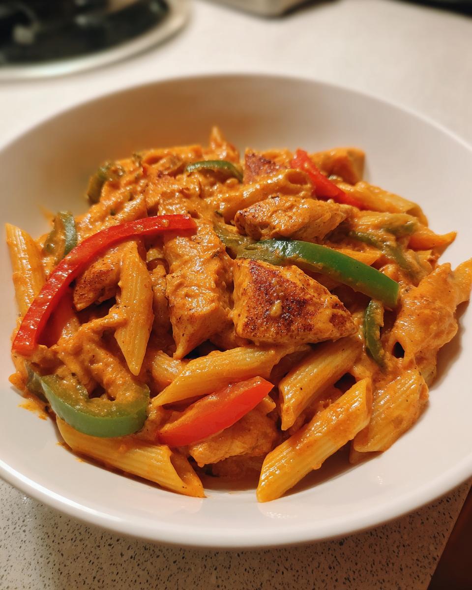 A close-up of a white bowl filled with creamy Rasta pasta, featuring penne, seasoned chicken chunks, and colorful bell peppers.