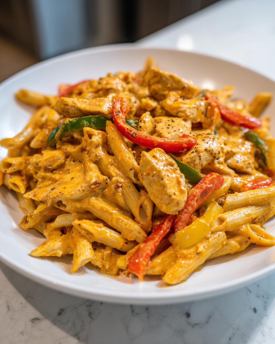 Close-up of a white bowl filled with creamy, orange-hued Rasta Pasta mixed with chicken pieces and colorful bell peppers.