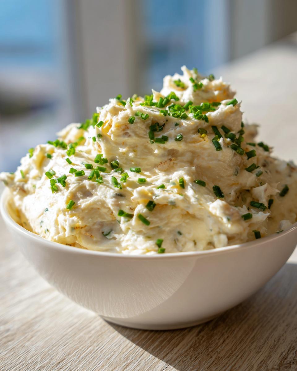 A white bowl filled with creamy, textured clam dip, generously garnished with chopped green chives.