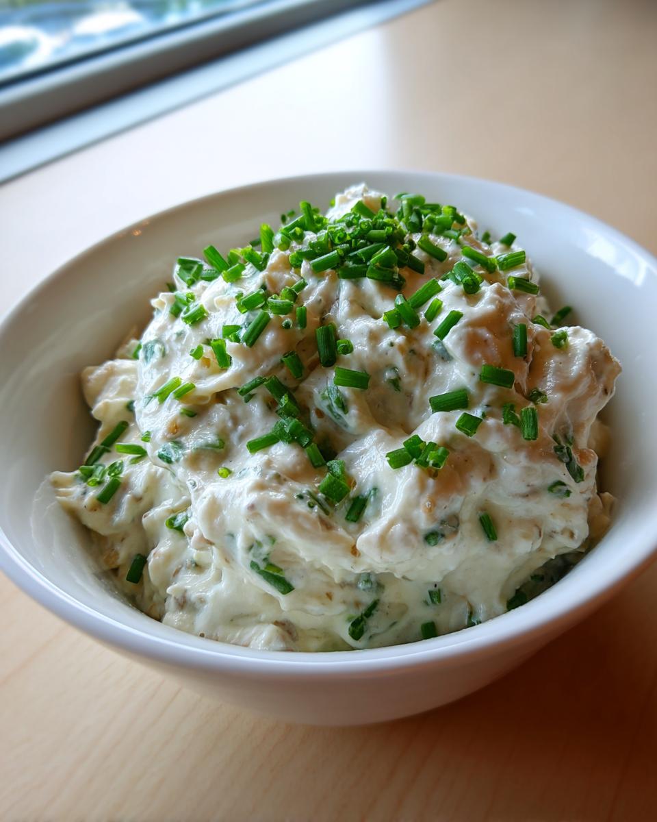 A close-up of rich, creamy clam dip served in a white bowl and generously garnished with chopped green chives.