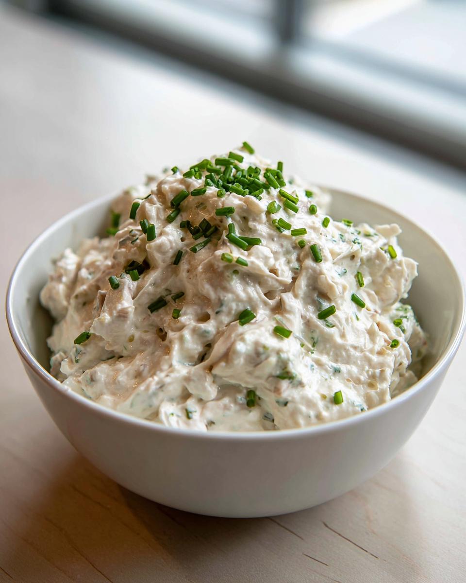A white bowl filled with creamy, chunky clam dip, garnished generously with fresh chopped chives.